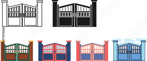 Assortment of gate icons in outline, black, green and brown, red and blue, pink and red, and blue variations