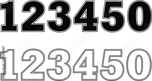 Bold and outlined number illustration, 123450 digit set, dual font style, black and white numeric design, vector typography, graphic element, stock image