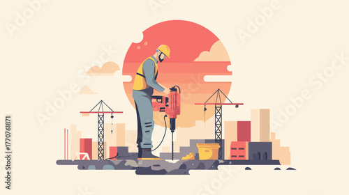 flat vector illustration of a construction site with an construction worker operating a jackhammer. the design style is flat, with simple elements, flat color blocks, bright colors, a simple backgroun