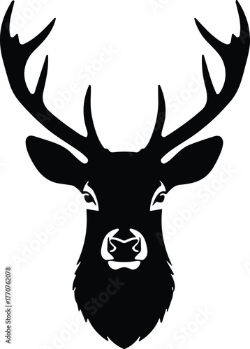 Deer head silhouette vector, black antler design, wildlife emblem, nature symbol, rustic animal icon, minimalist illustration, stock graphic, forest theme