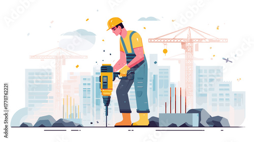 flat vector illustration of a construction site with an construction worker operating a jackhammer. the design style is flat, with simple elements, flat color blocks, bright colors, a simple backgroun