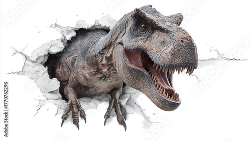 Un T-rex traverse un mur blanc