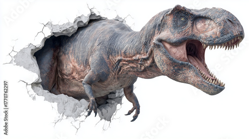 Un T-rex traverse un mur blanc