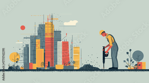 flat vector illustration of a construction site with an construction worker operating a jackhammer. the design style is flat, with simple elements, flat color blocks, bright colors, a simple backgroun