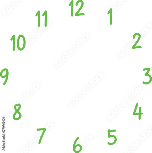 Green analog clock number layout, circular time design, educational vector illustration, numeric dial art, time concept, stock graphic, minimal style