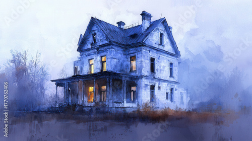 Wallpaper Mural Eerie watercolor painting of old, abandoned house with glowing windows, surrounded by mist and trees, evoking haunting atmosphere Torontodigital.ca
