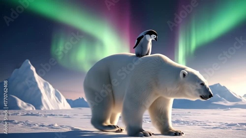 Surreal concept of a polar bear with a baby penguin on its back traveling through an arctic landscape with aurora borealis
