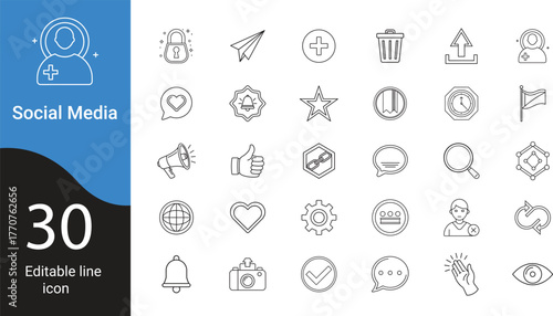 30 Social Media and Communication Line Icons Collection. Editable Vector Set for UI/UX Design, featuring likes, users, settings, and network symbols.