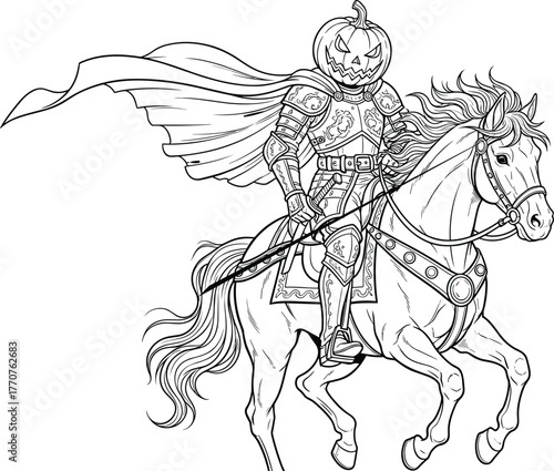 Headless, horseman, Halloween, folklore, spooky, rider, pumpkin, jack-o'-lantern, armor, cape, galloping, horse, horror, ghost, illustration, vector, dramatic, black, white, eerie