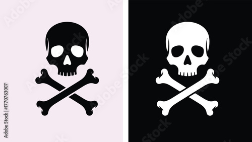 Skull and crossbones vector, danger symbol, poison warning icon, black white contrast, pirate theme graphic, dual background design, stock illustration