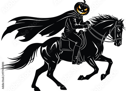 Headless, horseman, Halloween, spooky, rider, pumpkin, jack-o'-lantern, galloping, cape, ghost, folklore, horror, vector, illustration, black, white, dramatic, motion, eerie, legend