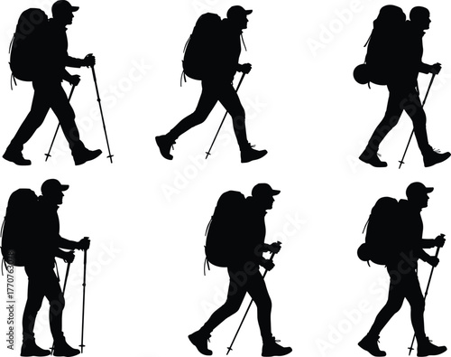 Hiking silhouette vector set, trekking person with backpack, outdoor walking poses, black clipart, nature adventure, mountain trail activity