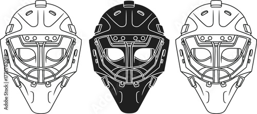 Hockey goalie mask icons, black and white vector, protective gear, sports equipment, cage design, face shield, athletic illustration set