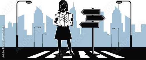 Woman holding map at crossroads in city, facing decisions