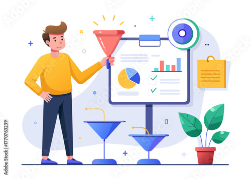Man with funnel analyzing business growth charts and data on whiteboard