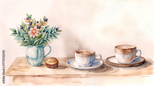 Wallpaper Mural Soft Morning Latte and Muffin on Wooden Table, Watercolor Illustration, Cozy Style Torontodigital.ca