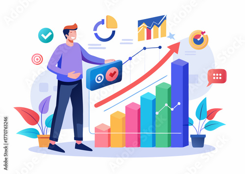 Man analyzing financial growth charts and business success with data visualization
