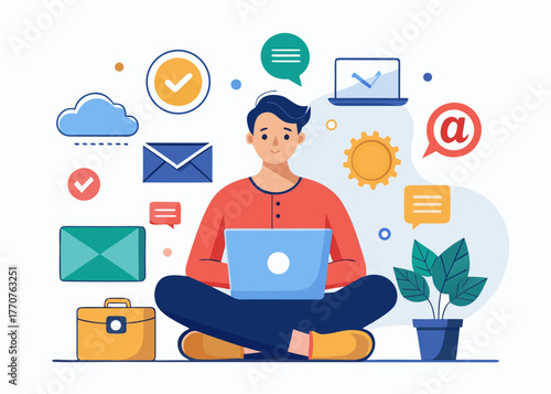 Young man working on laptop surrounded by communication and business icons
