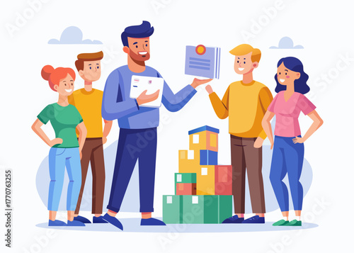 Diverse team celebrating successful delivery and project completion with boxes