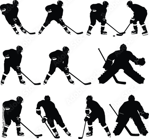 Ice, hockey, player, silhouette, action, pose, skating, puck, stick, goalie, sport, black, vector, dynamic, movement, illustration, athlete, game, team, competitive.eps