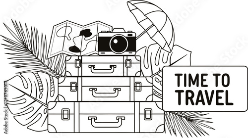 Adventure awaits with packed suitcases, camera, and map ready for a journey.