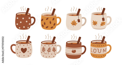 Cozy autumn mugs with cinnamon and leaf patterns for warm seasonal drinks