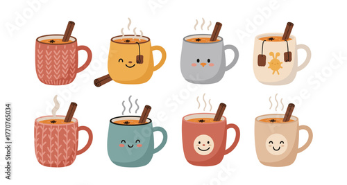 Cute cartoon mugs with warm beverages and cinnamon sticks for cozy autumn design