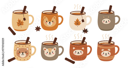 Cute autumn-themed animal mugs with cinnamon and leaves for cozy fall vibes