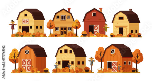 Charming autumn barns collection with scarecrows and pumpkins in flat cartoon style