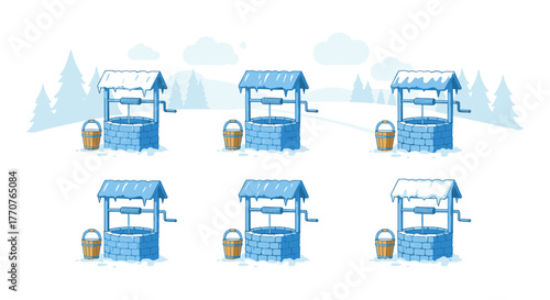 Winter wishing wells in snowy landscape with wooden buckets