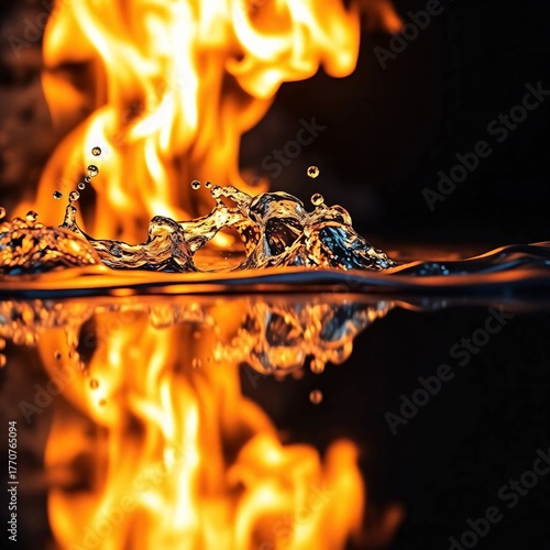 Elemental Fusion: A dramatic close-up showcases the intense interplay between fire and water, with flames dancing near water splashes, creating a captivating visual paradox.