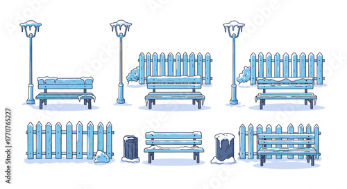 Winter park scene with snow-covered benches, fences, and street lamps