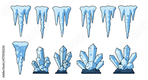Cartoon blue icicles and crystals collection for winter designs