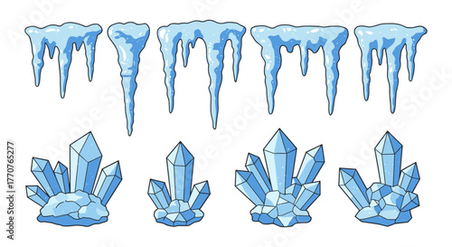Isometric icicles and crystals collection in cool blue tones