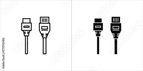 Two usb cable connector icons, in outline and glyph style