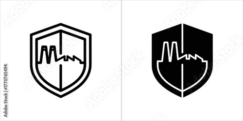 Black and white shield with factory icon in simple style