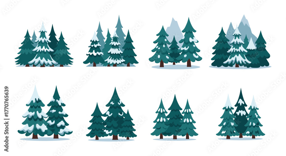 Obraz premium Winter forest trees collection with snow-covered evergreen landscapes