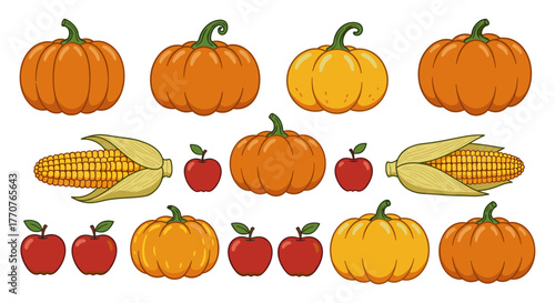 Colorful autumn harvest with pumpkins, corn, and apples in a cartoon style