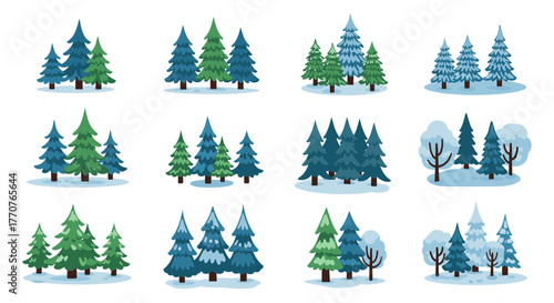 Winter pine trees collection: cartoon forest in snowy scenes