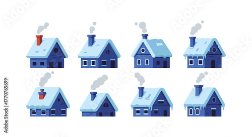 Winter houses collection: charming snow-covered roofs with cozy chimneys