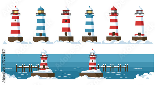 Coastal lighthouses collection: red and blue tower designs with ocean waves and wooden piers