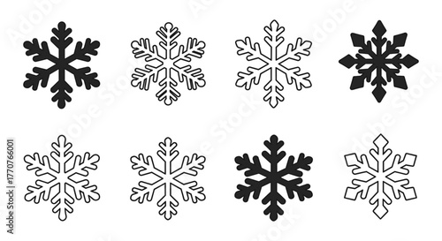 Assorted snowflake designs in black and white outlines and silhouettes