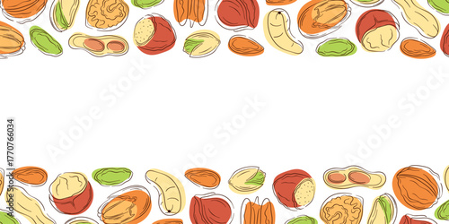 Border frame with nut, almond, cashew, peanut, walnut, hazelnut and pecan in flat style. Design for grocery store wallpaper with empty center space.