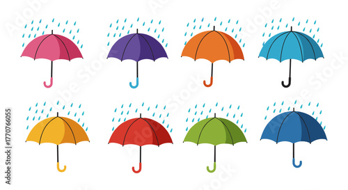 Colorful umbrellas under raindrops in a minimalistic design
