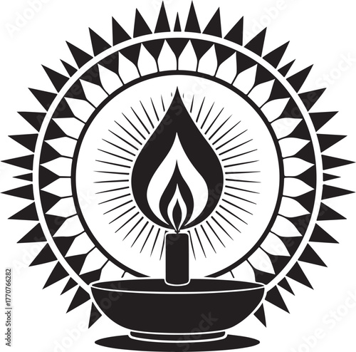 Black silhouette of a diya oil lamp with a flame and a sunburst mandala Keywords: diya, oil lamp, flame, fire, light, candle, wick, bowl, traditional, cultural, religious, spiritual, symbol