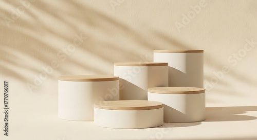 Minimalist display podiums with natural wood tops and soft shadow overlay