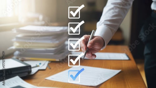 Man's Hand Checking Checklist with a Pen on Desk