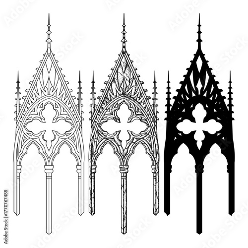 Gothic cathedral spires, showcasing ornate arches, pointed tracery, and intricate architectural details. The artwork highlights the beauty and symmetry of classic Gothic design.