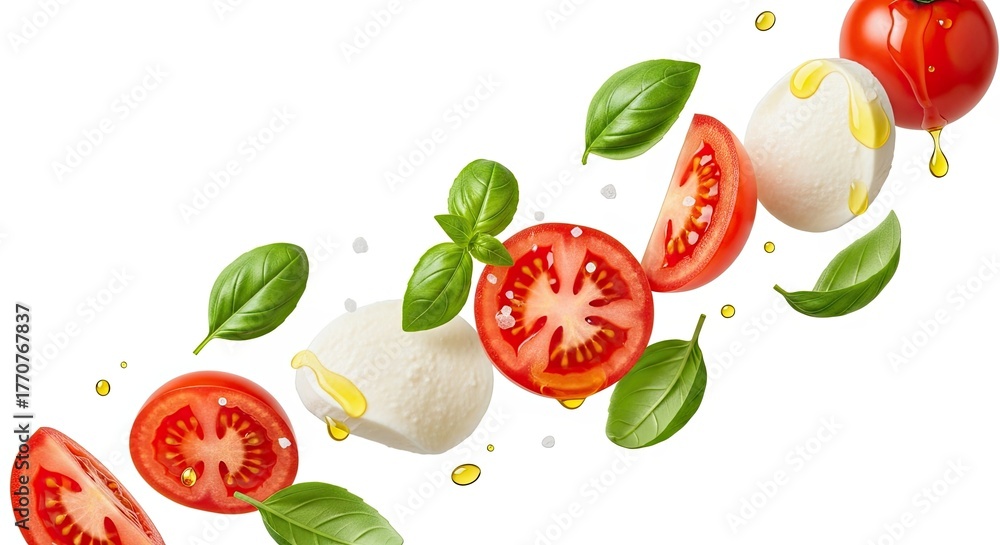 Naklejka premium Fresh mozzarella, juicy tomatoes, and basil leaves cascade in a delightful culinary composition.