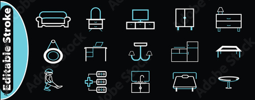 A comprehensive set of duotone white line icons (with cyan accents) on a dark background, all featuring an editable stroke. The collection includes symbols for a sofa, dressing table, TV stand, wardro